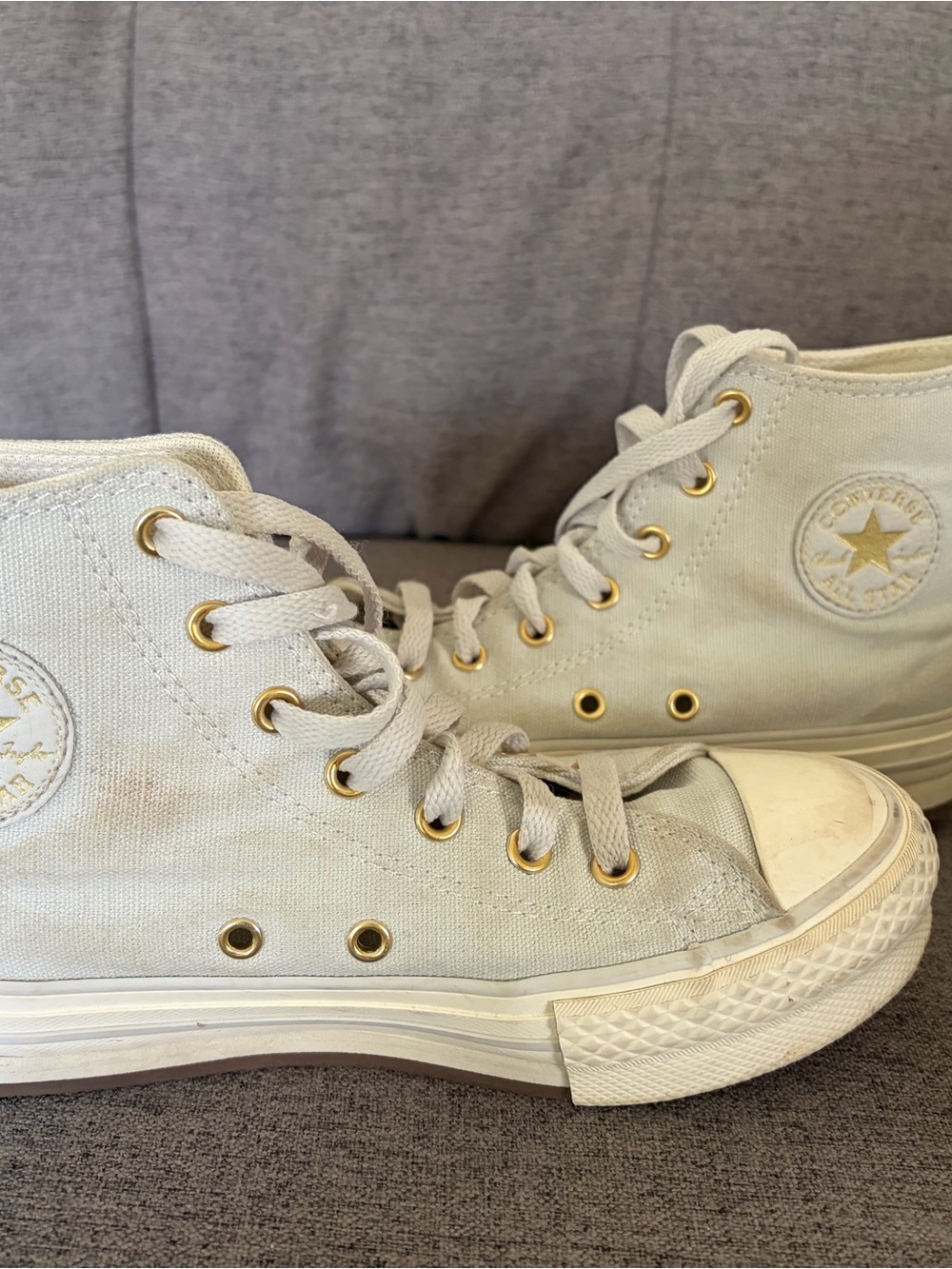 Converse High Top Sneakers in Baby Blue with Gold Eyelets